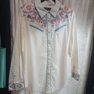 Lucky & Blessed Cream Button Down Shirt with Blue and Pink Embroidery